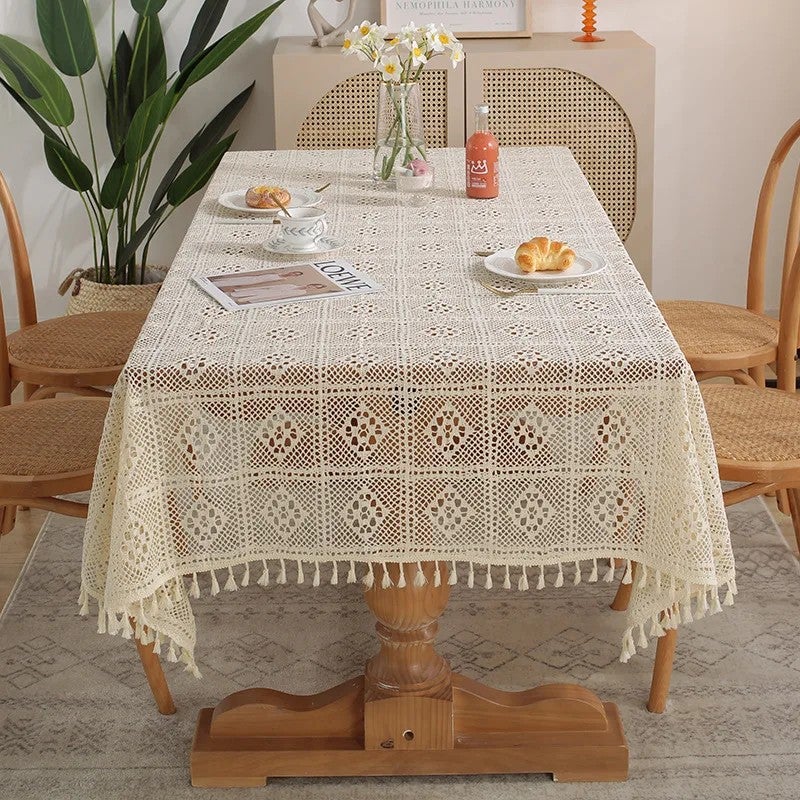 Bluejw American Pastoral Style Handmade Beige white Cotton Crochet Lace Tassel Hollowed Out Tablecloth home decoration table cover pad - Image 2